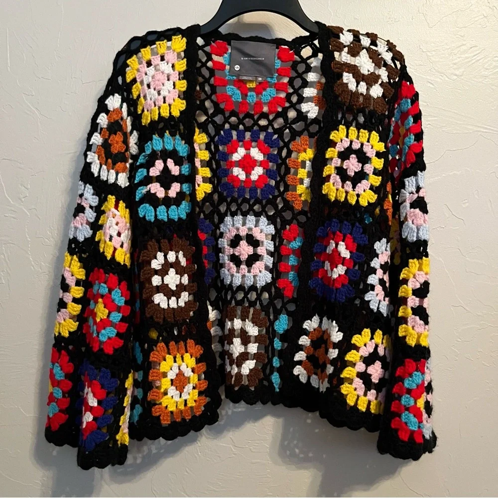 NWT BY ANTHROPOLOGIE Colorblocked Granny Square Crochet Cardigan Black One Size - Picture 5 of 12